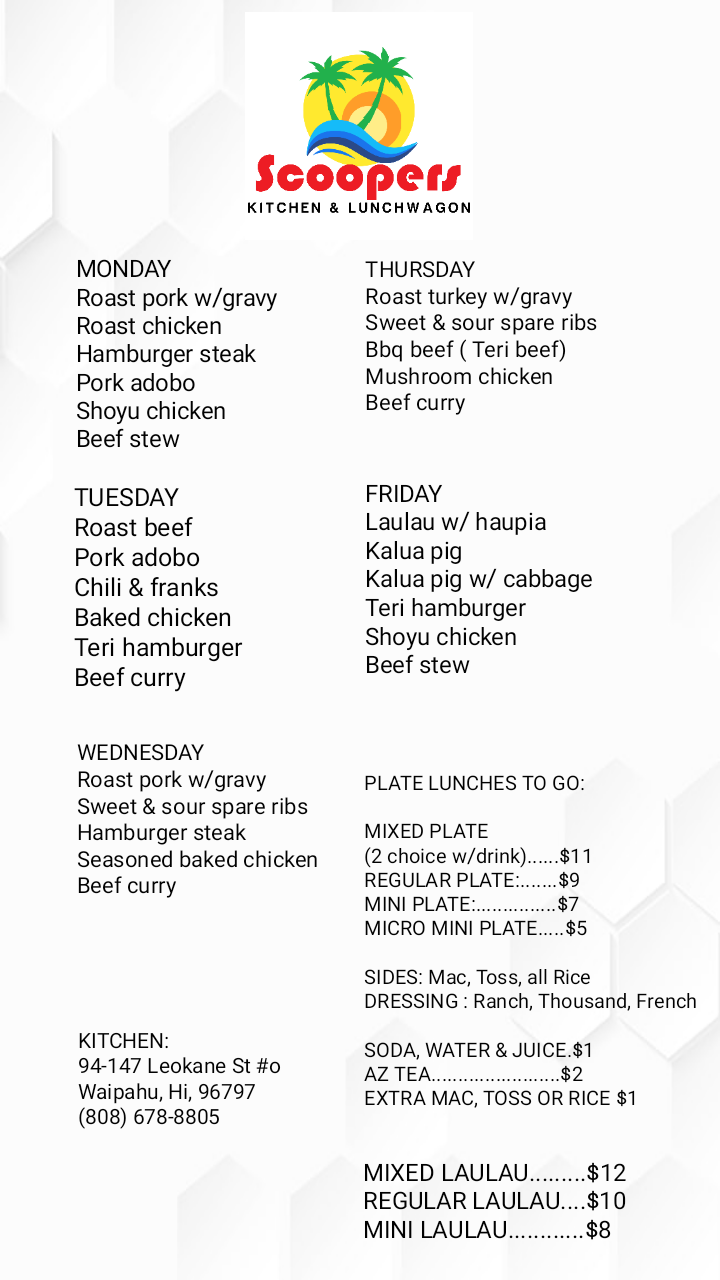 Scoopers Kitchen | meal takeaway | 94-147 Leokane St # 70, Waipahu, HI 96797, USA | 8086788805 OR +1 808-678-8805