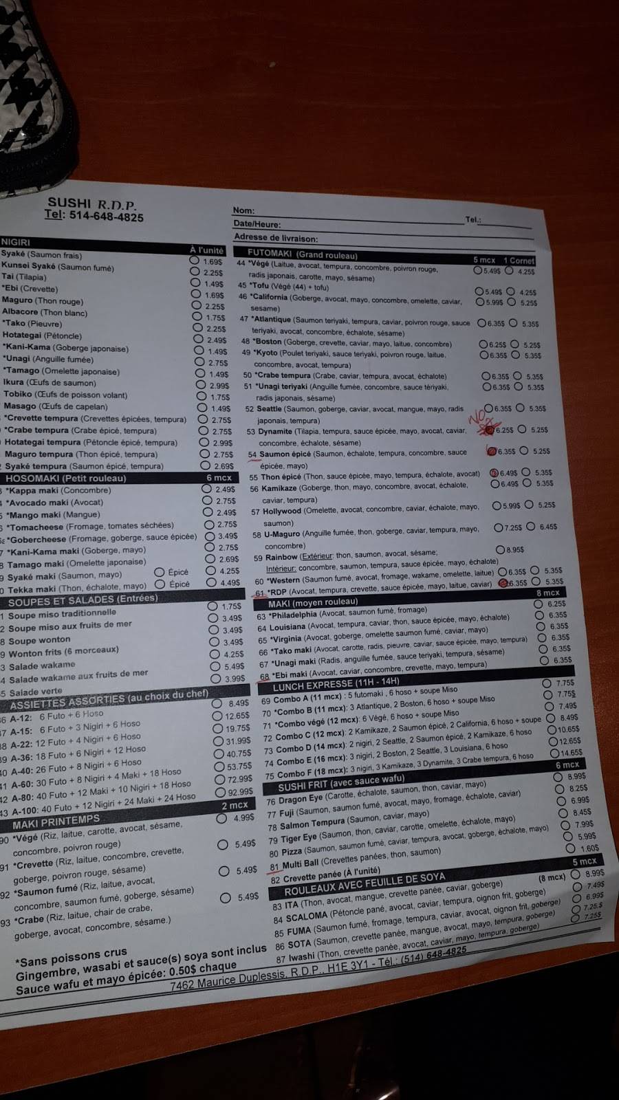 Sushi RDP | restaurant | 7462 Boulevard Maurice-Duplessis, Montréal, QC H1E 3Y1, Canada | 5146484825 OR +1 514-648-4825