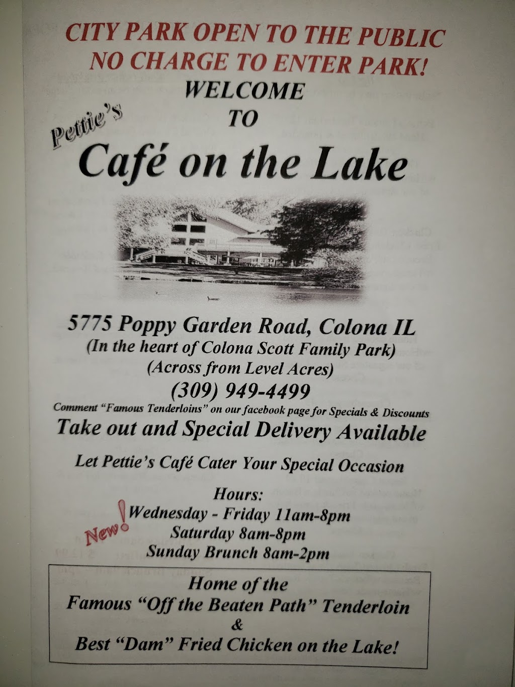 Cafe on the Lake | restaurant | 5775 Poppy Garden Rd, Colona, IL 61241, USA | 3099494499 OR +1 309-949-4499