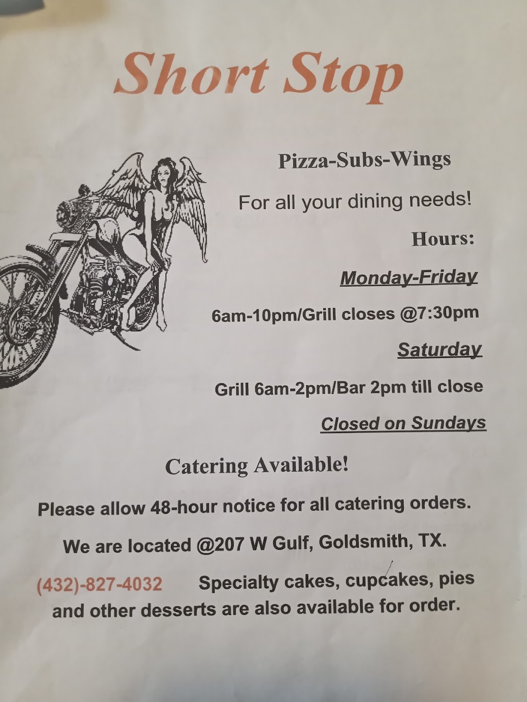 Short Stop Pizza Subs & Wings | restaurant | 207 W Gulf Ave, Goldsmith, TX 79741, USA | 4328274032 OR +1 432-827-4032