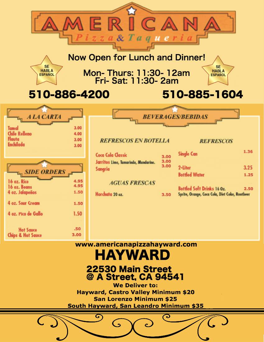 Americana Pizza & Taqueria Hayward | restaurant | 22530 Main St, Hayward, CA 94541, USA | 5108864200 OR +1 510-886-4200