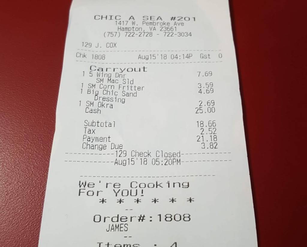Chic A Sea | restaurant | W Pembroke Ave, Hampton, VA 23661, USA | 7577222728 OR +1 757-722-2728