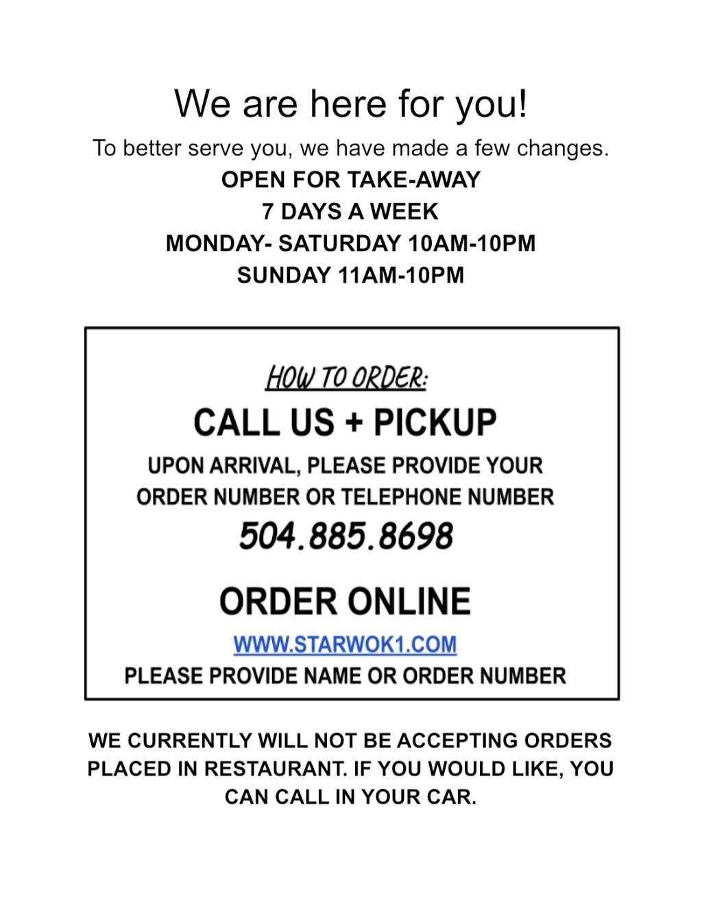 STAR WOK | restaurant | 4931 W Esplanade Ave A, Metairie, LA 70006, USA | 5048858698 OR +1 504-885-8698