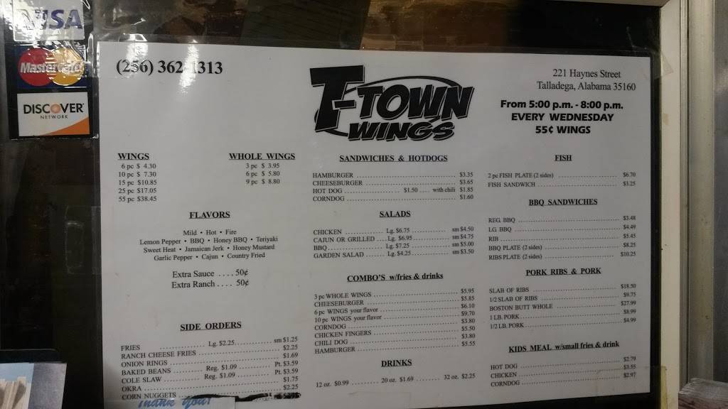T Town Wings | restaurant | 221 Haynes St, Talladega, AL 35160, USA | 2563621313 OR +1 256-362-1313