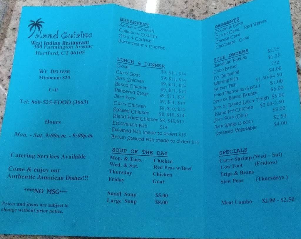 Island Cuisine | restaurant | 300 Farmington Ave, Hartford, CT 06105, USA | 8605253663 OR +1 860-525-3663