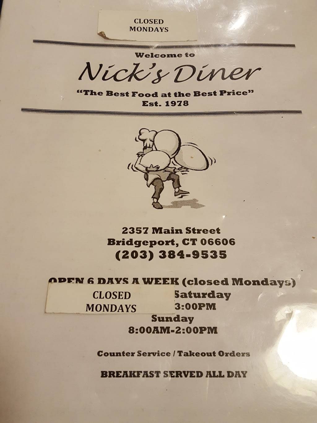 Nicks Diner | restaurant | 2357 Main St, Bridgeport, CT 06606, USA | 2033849535 OR +1 203-384-9535