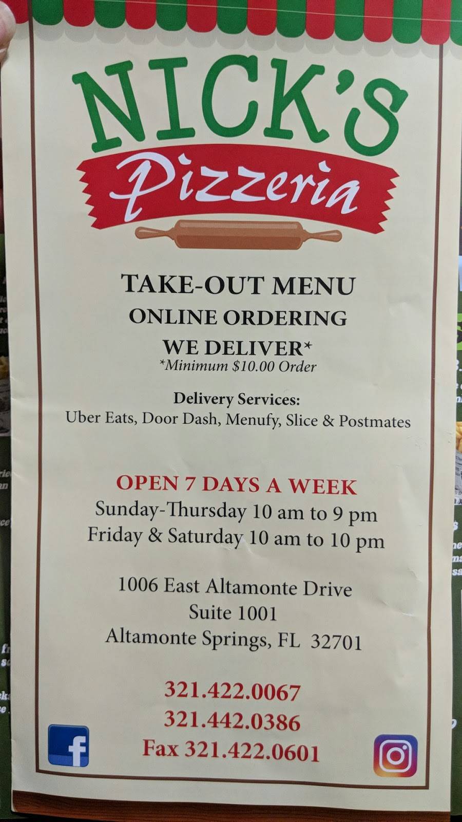 Nicks Pizza Altamonte Springs | restaurant | 1006 E Altamonte Dr Suite 1001, Altamonte Springs, FL 32701, USA | 3214220067 OR +1 321-422-0067