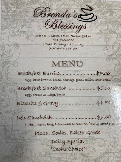 Brendas Blessings | restaurant | 505 Main St, Fossil, OR 97830, USA | 5417633000 OR +1 541-763-3000