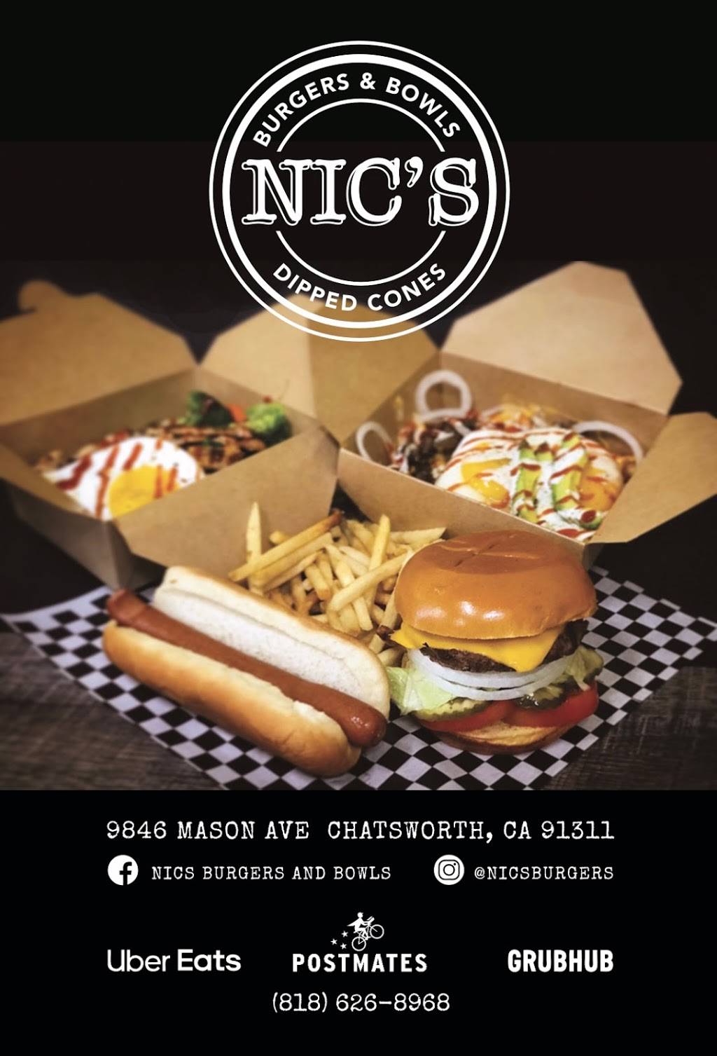 Nic’s Burgers & Bowls | restaurant | 9846 Mason Ave, Chatsworth, CA 91311, USA | 8186268968 OR +1 818-626-8968