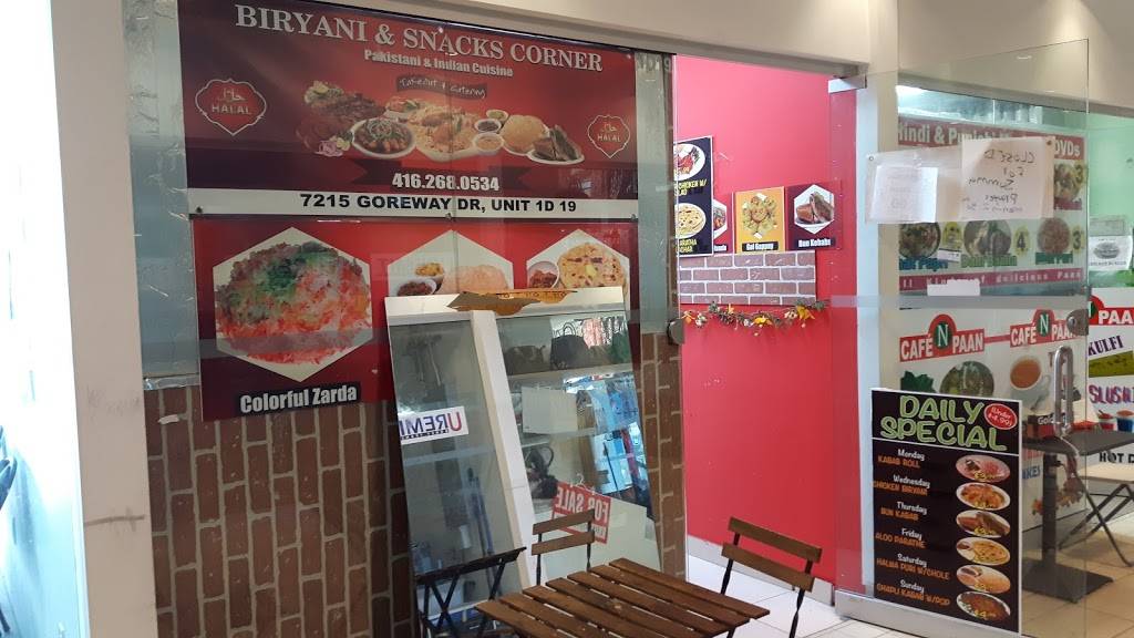 Biryani & snacks corner | restaurant | 7215 Goreway Dr, Mississauga, ON L4T 2T9, Canada | 4162680534 OR +1 416-268-0534