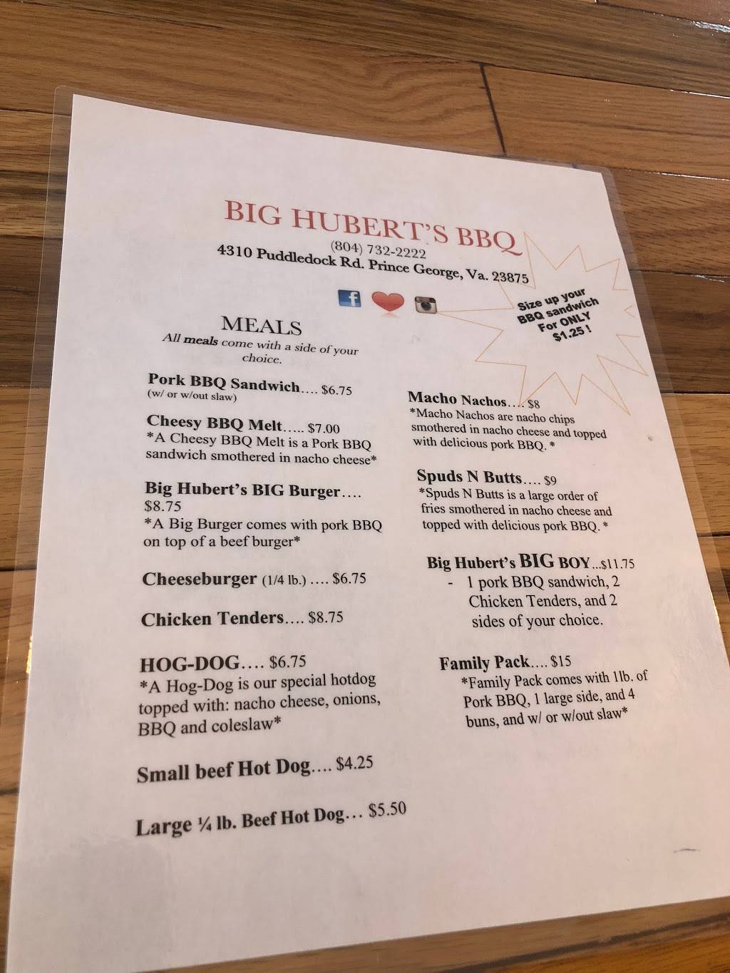 Big Hubert’s BBQ | restaurant | 4310 Puddledock Rd, Prince George, VA 23875, USA | 8047322222 OR +1 804-732-2222