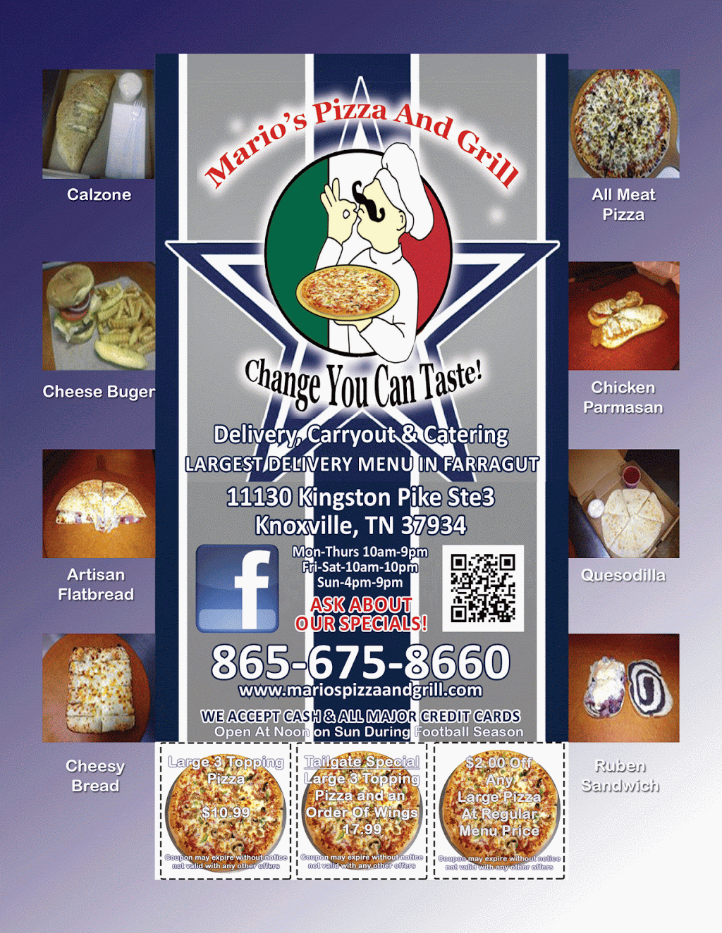 Marios Pizza & Grill | restaurant | 10943 Kingston Pike, Knoxville, TN 37934, USA | 8656758660 OR +1 865-675-8660