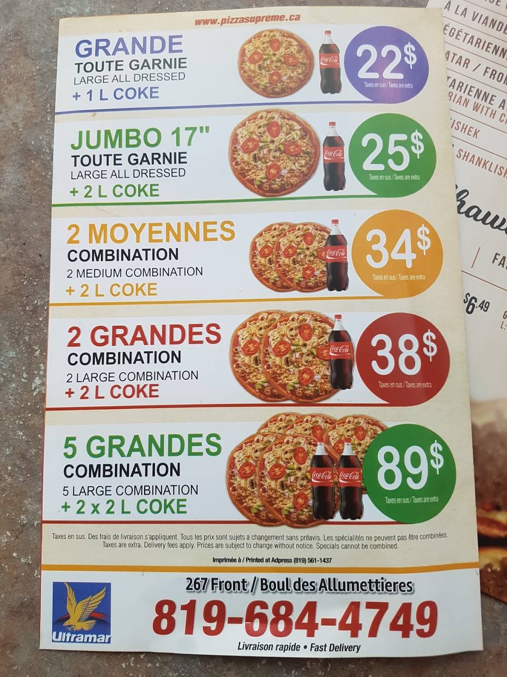 Pizzeria Supreme | restaurant | 267 Rue Front, Gatineau, QC J9H 6Z9, Canada | 8196844749 OR +1 819-684-4749