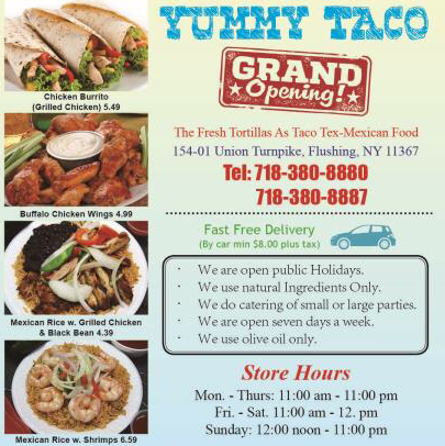 No1 Yummy Taco | restaurant | 154-01 Union Tpke, Flushing, NY 11367, USA | 7183808880 OR +1 718-380-8880