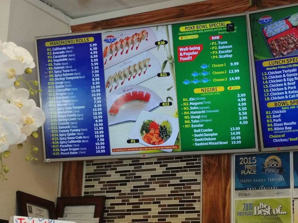 Happy Teriyaki & Sushi | restaurant | 844 6th St, Bremerton, WA 98337, USA | 3607920407 OR +1 360-792-0407