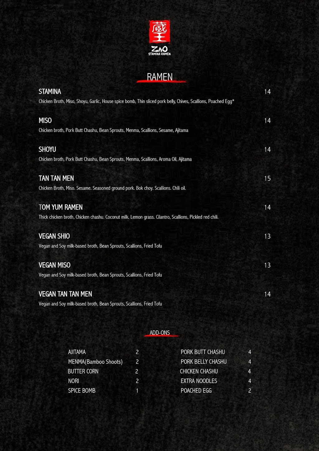 ZAO Stamina Ramen | restaurant | 7345 Wisconsin Ave unit B, Bethesda, MD 20814, USA | 3013128399 OR +1 301-312-8399