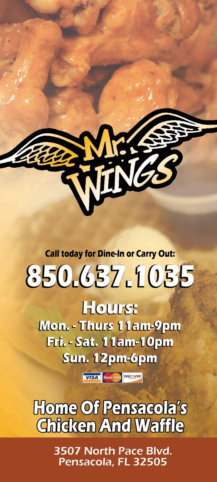 Mr. Wings Inc. | restaurant | 3507 N Pace Blvd, Pensacola, FL 32503, USA | 8506371035 OR +1 850-637-1035