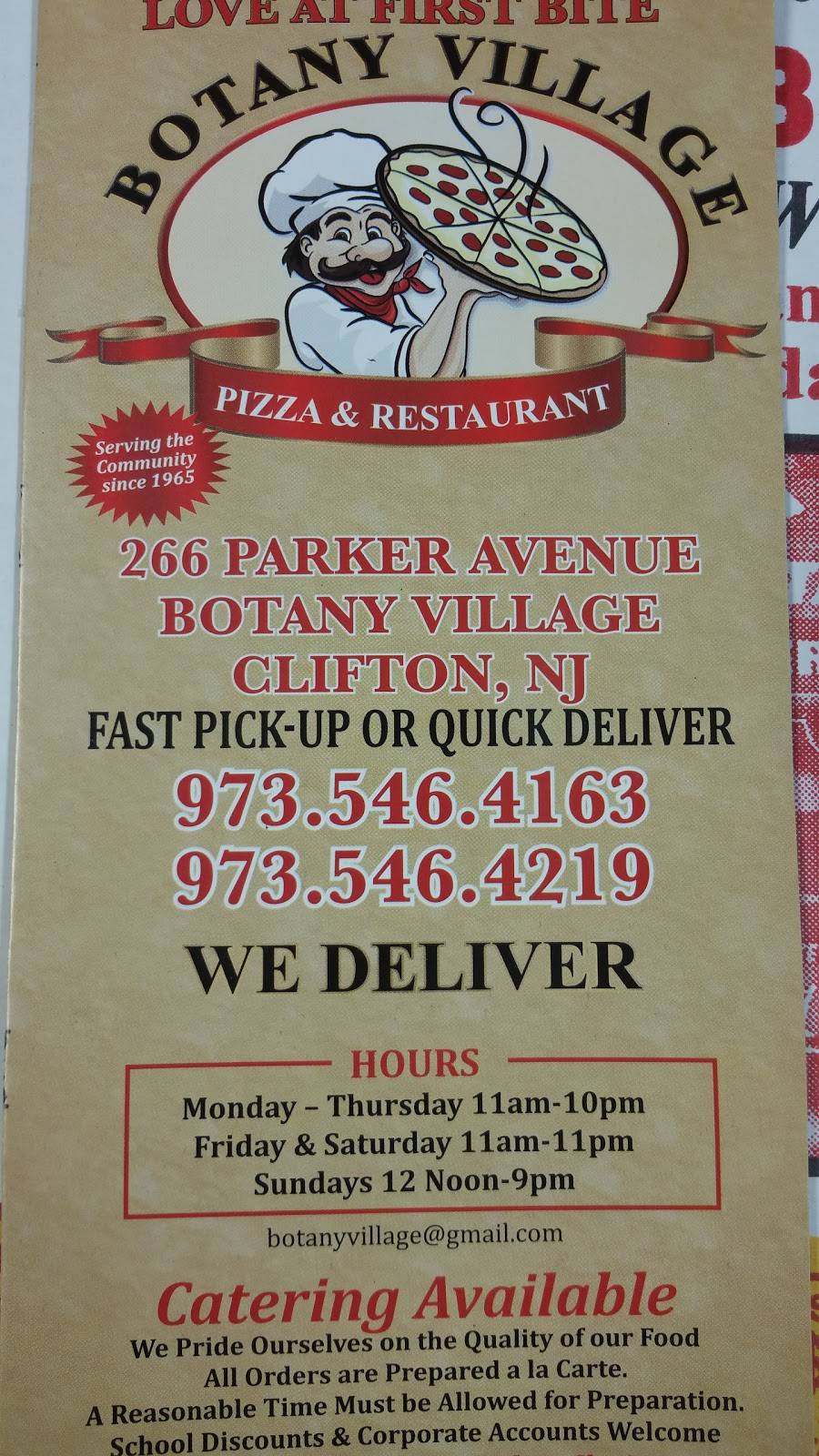 Botany Village Pizzeria | restaurant | 266 Parker Ave A, Clifton, NJ 07011, USA | 9735464163 OR +1 973-546-4163