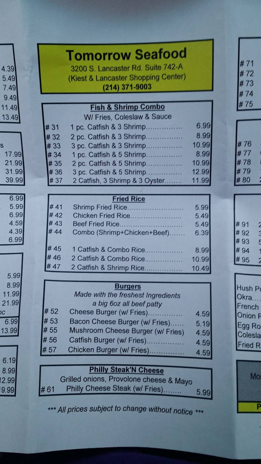 Tomorrow Seafood | restaurant | 3200 S Lancaster Rd #742, Dallas, TX 75216, USA | 2143719003 OR +1 214-371-9003