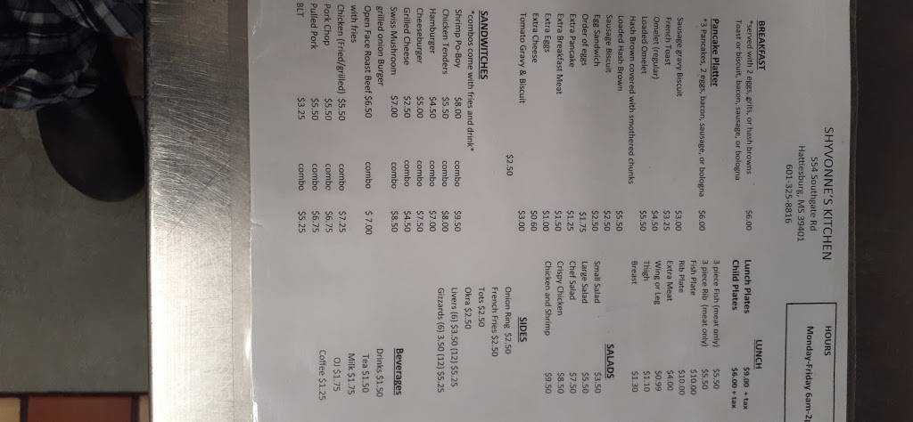 Shyvonnes Kitchen | restaurant | 554 Southgate Rd, Hattiesburg, MS 39401, USA | 6013258816 OR +1 601-325-8816