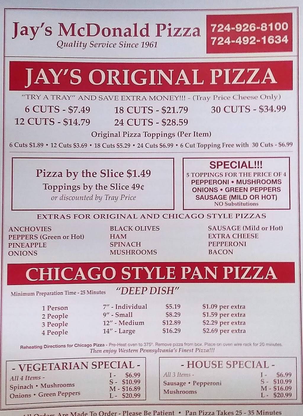 Jays McDonald Pizza Shop | meal takeaway | 114 E Lincoln Ave, McDonald, PA 15057, USA | 7249268100 OR +1 724-926-8100