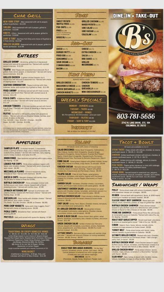 Bs Restaurant & Sports Pub | restaurant | 2742 N Lake Dr, Columbia, SC 29212, USA | 8037815656 OR +1 803-781-5656