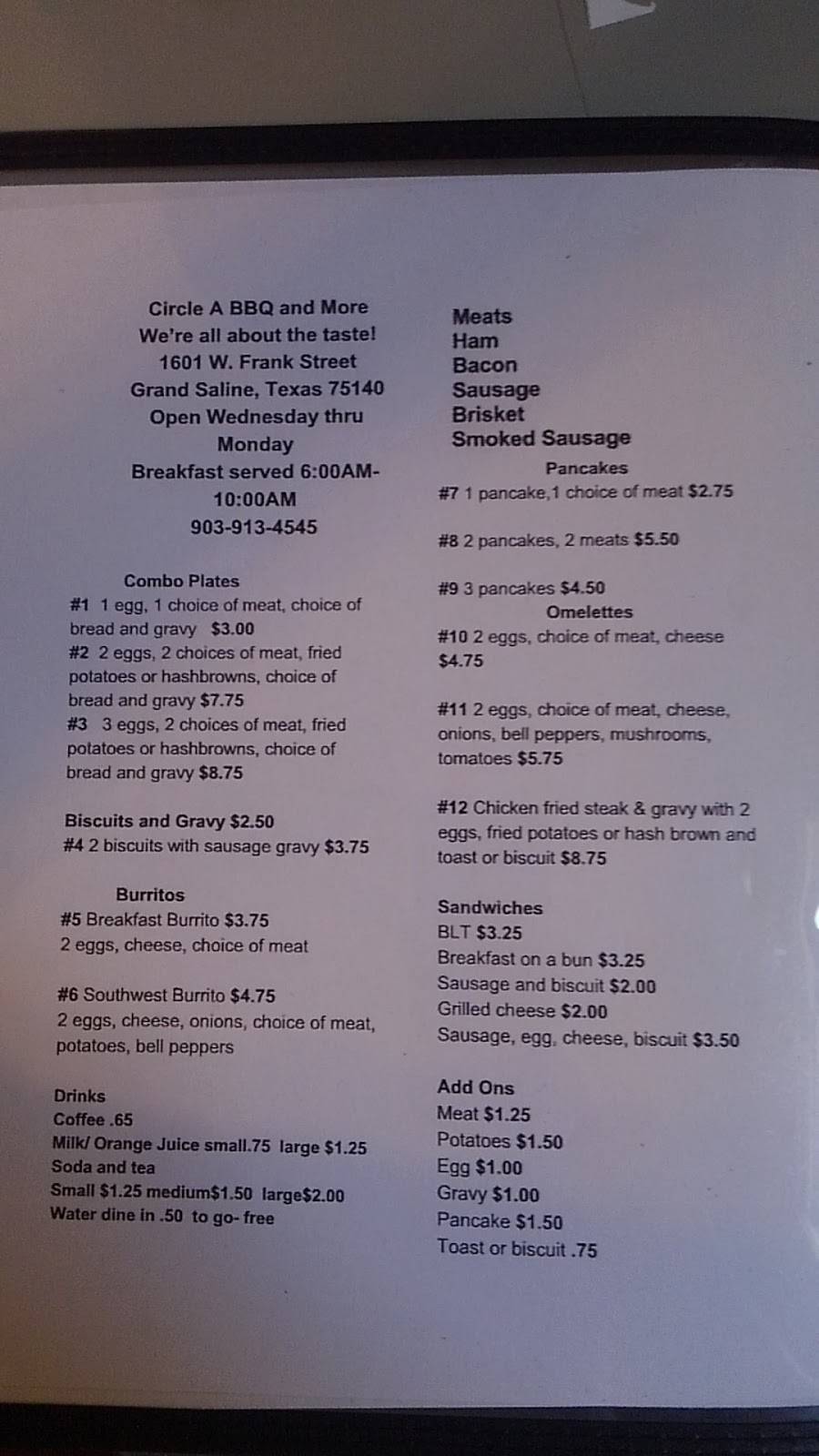 Circle A BBQ | restaurant | US-80, Grand Saline, TX 75140, USA | 9039134545 OR +1 903-913-4545