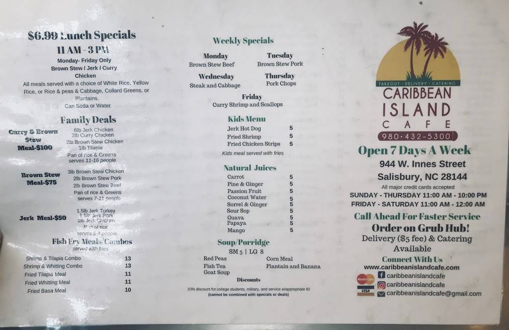 Caribbean Island Cafe | restaurant | 944 W Innes St, Salisbury, NC 28144, USA | 9804325300 OR +1 980-432-5300