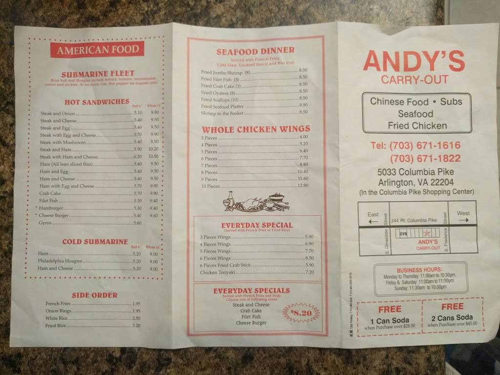 Andys Carry Out | restaurant | 5033 Columbia Pike, Arlington, VA 22204, USA | 7036711616 OR +1 703-671-1616