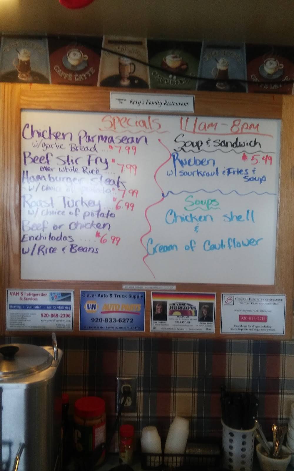 Karys Family Restaurant | restaurant | 1652, 1025 Orchard Dr, Seymour, WI 54165, USA | 9208331120 OR +1 920-833-1120