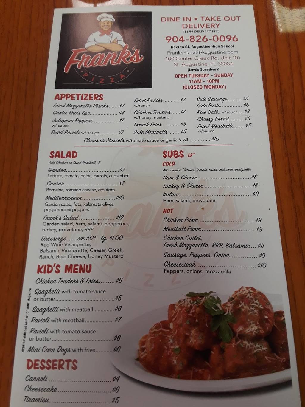 Franks Pizza | restaurant | 100 Center Creek Rd Unit 101 Unit 101, St. Augustine, FL 32084, USA | 9048260096 OR +1 904-826-0096