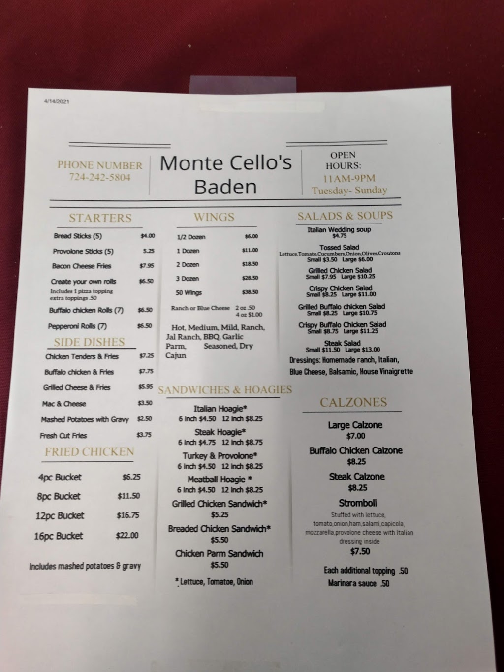 Monte Cellos of Baden | restaurant | 601 State St, Baden, PA 15005, USA | 7242425804 OR +1 724-242-5804