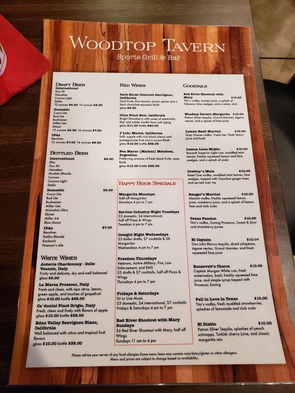 Woodtop Tavern | restaurant | 8412 Preston Rd, Plano, TX 75024, USA | 2147637181 OR +1 214-763-7181