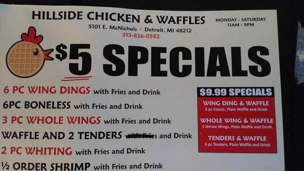Hillside Chicken & Waffles | restaurant | 5101 E McNichols Rd, Hamtramck, MI 48212, USA | 3138260582 OR +1 313-826-0582