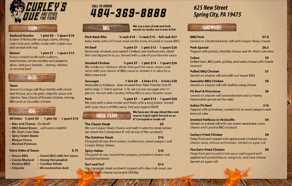 Curleys Que | restaurant | 625 New St, Spring City, PA 19475, USA | 4843698888 OR +1 484-369-8888