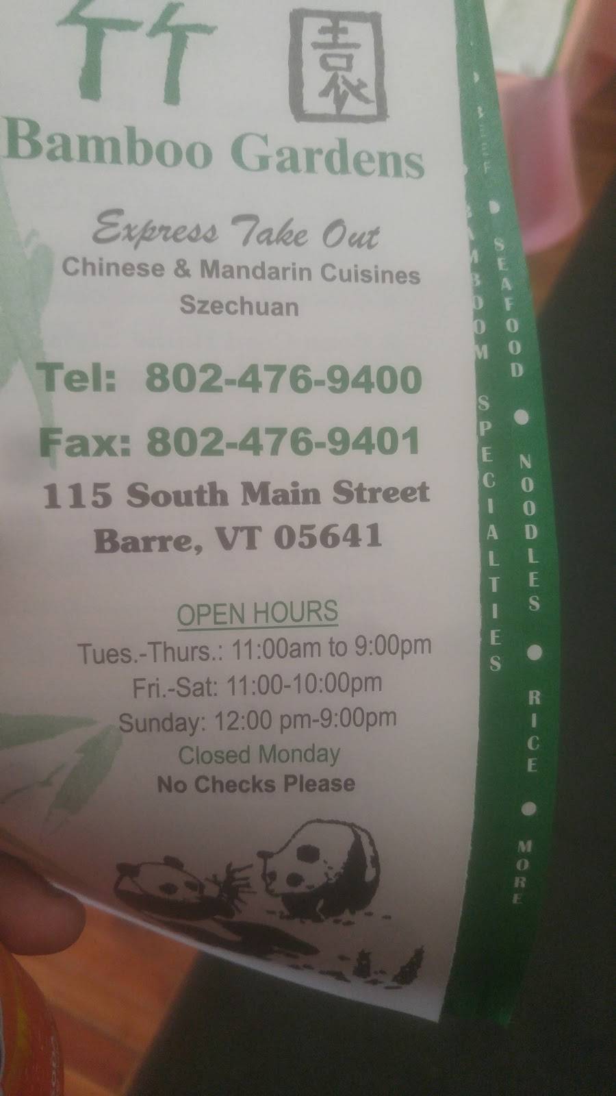 Bamboo Gardens | restaurant | 115 S Main St, Barre, VT 05641, USA | 8024769400 OR +1 802-476-9400