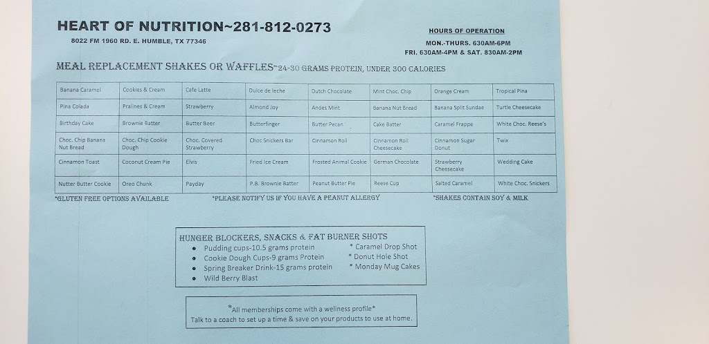 Heart of Nutrition | restaurant | 8022 Farm to Market 1960 Rd E, Humble, TX 77346, USA | 2818120273 OR +1 281-812-0273