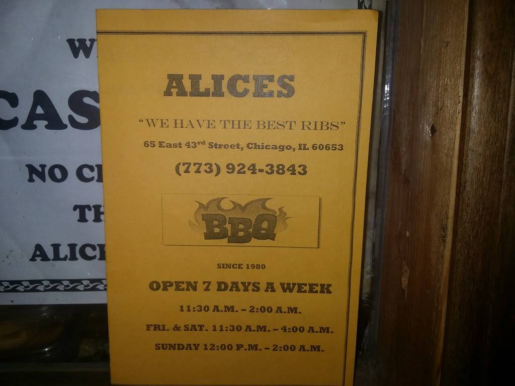 Alices Bar-B-Que | restaurant | 65 E 43rd St, Chicago, IL 60653, USA | 7739243843 OR +1 773-924-3843