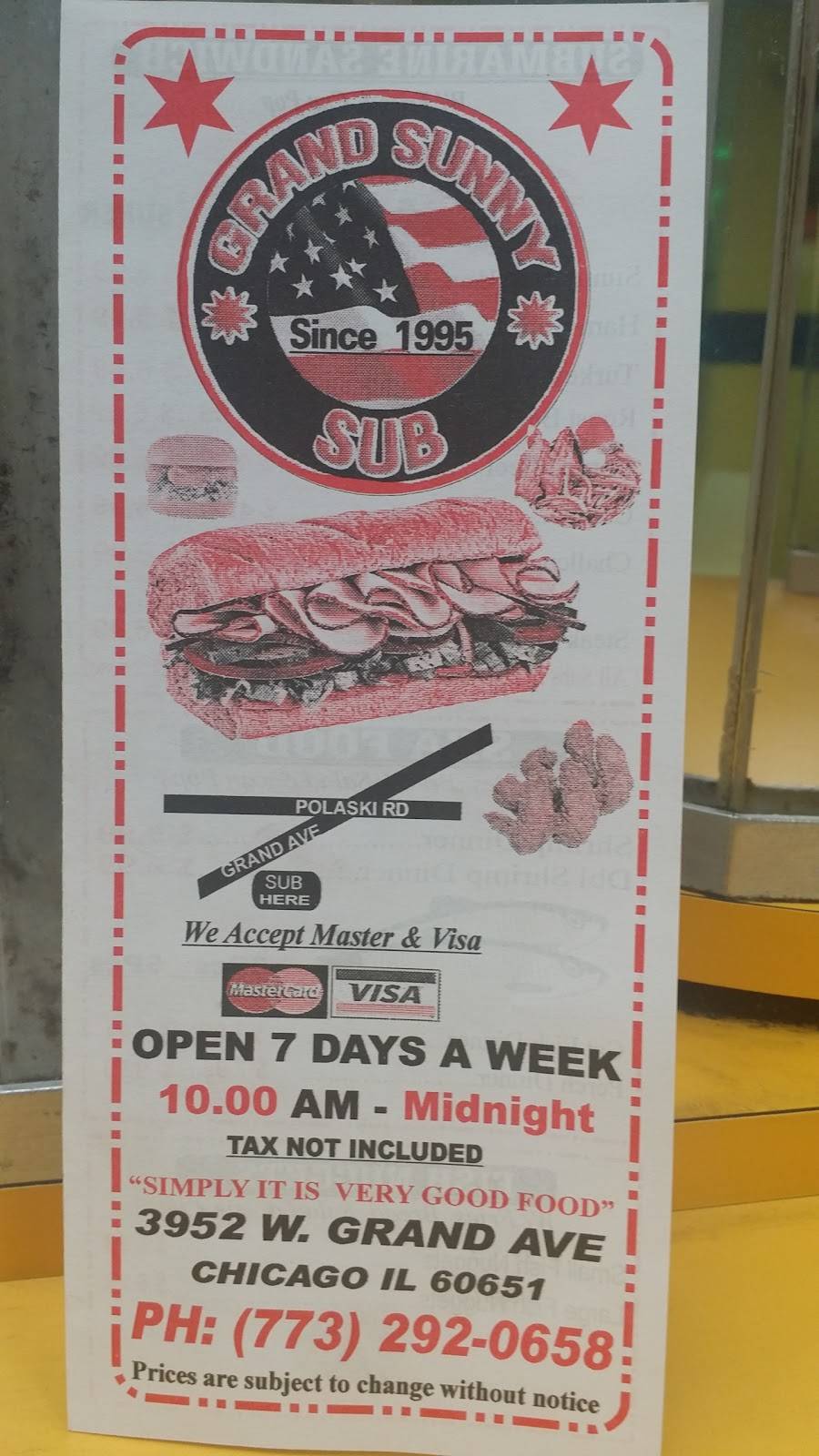 Grand Sunny Submarine | meal takeaway | 3952 W Grand Ave, Chicago, IL 60651, USA | 7732920658 OR +1 773-292-0658