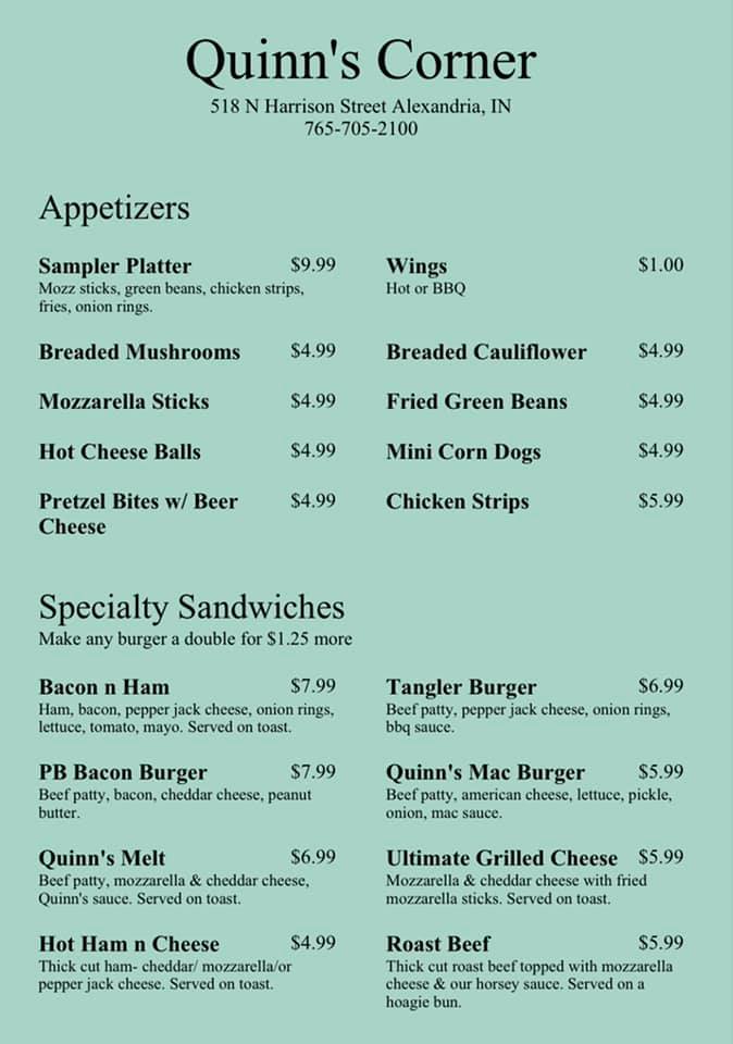 Quinns Corner | restaurant | 518 N Harrison St, Alexandria, IN 46001, USA | 7657052100 OR +1 765-705-2100