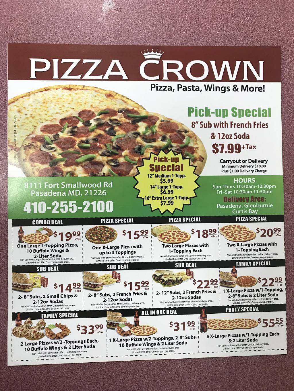 Pizza Crown | restaurant | 8111 Fort Smallwood Rd, Curtis Bay, MD 21226, USA | 4102552100 OR +1 410-255-2100
