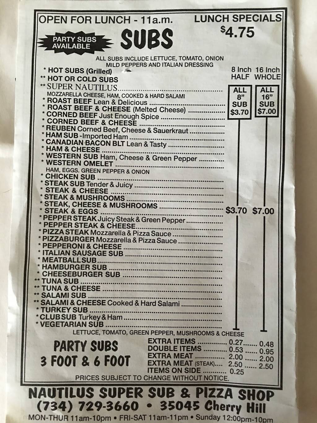 Nautilus Sub & Pizza Shop | restaurant | 35045 Cherry Hill Rd, Westland, MI 48186, USA | 7347293660 OR +1 734-729-3660