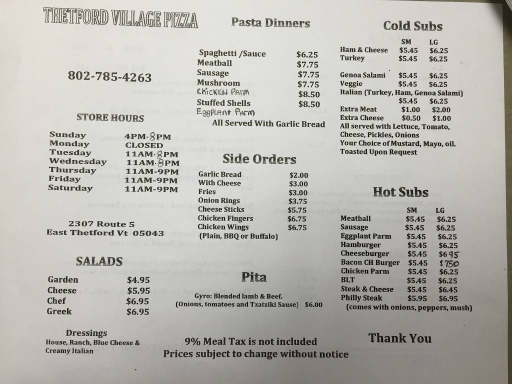 Thetford Village Pizza | restaurant | 2307 US-5, East Thetford, VT 05043, USA | 8027854263 OR +1 802-785-4263