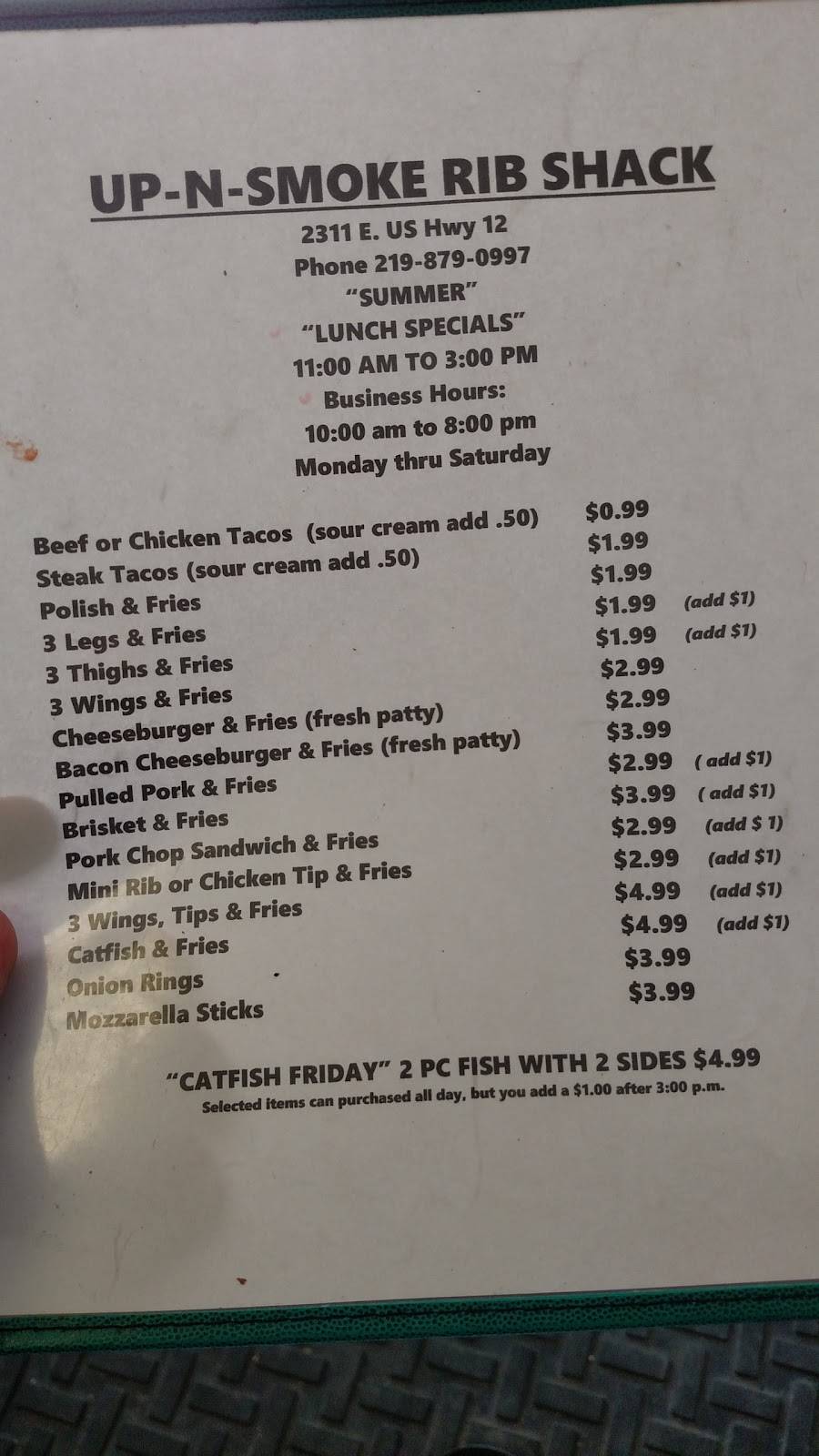 Up N Smoke Rib Shack | restaurant | 2311 US-12, Michigan City, IN 46360, USA | 2198790997 OR +1 219-879-0997