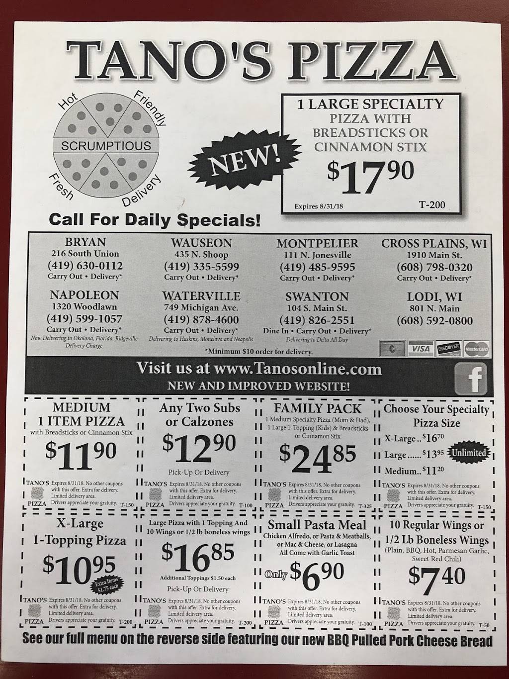 Tanos Pizza Bryan Ohio | restaurant | 1386, 216 S Union St, Bryan, OH 43506, USA | 4196300112 OR +1 419-630-0112