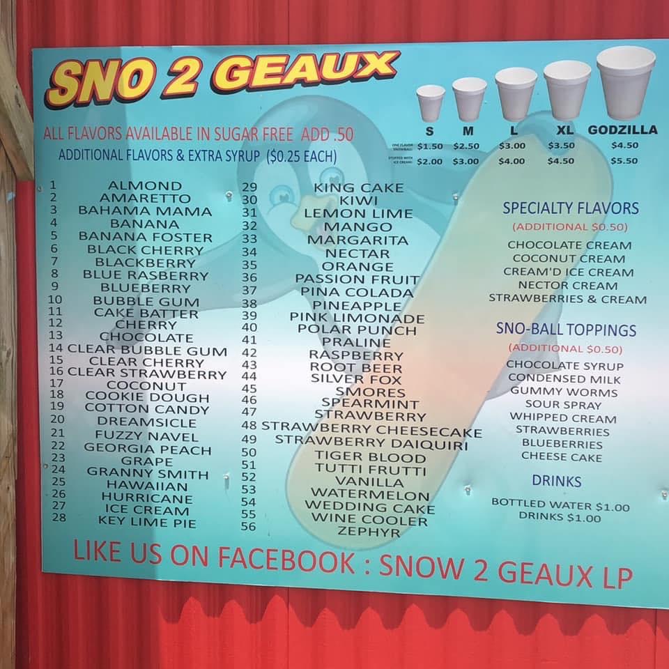 Sno 2 Geaux LP | restaurant | 8139 Vincent Rd, Denham Springs, LA 70726, USA | 2252666274 OR +1 225-266-6274