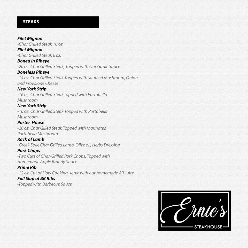 Ernies Steakhouse | restaurant | 9141 Wicker Ave, St John, IN 46373, USA | 2195580509 OR +1 219-558-0509