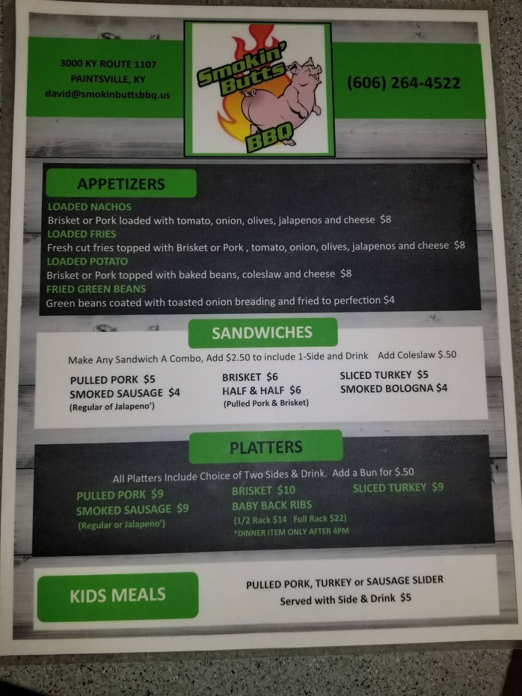 Smokin Butts BBQ | restaurant | 3000 KY-1107, Paintsville, KY 41240, USA | 6062644522 OR +1 606-264-4522