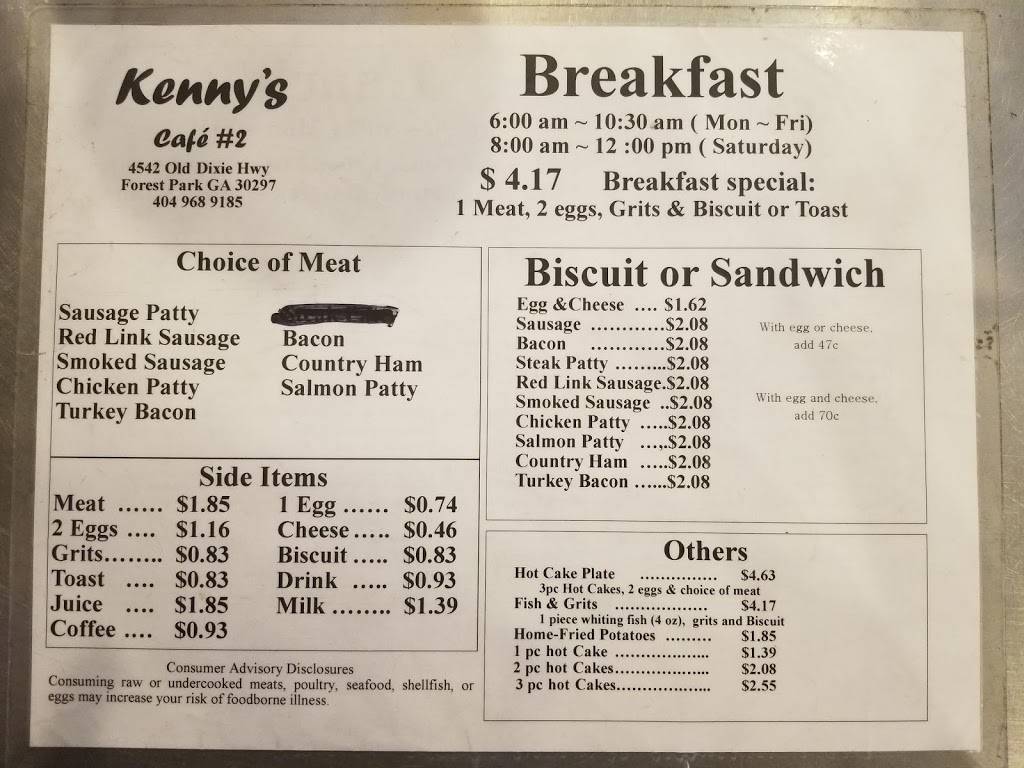 Kennys Cafe | restaurant | 4542 Old Dixie Rd, Forest Park, GA 30297, USA | 4049689185 OR +1 404-968-9185