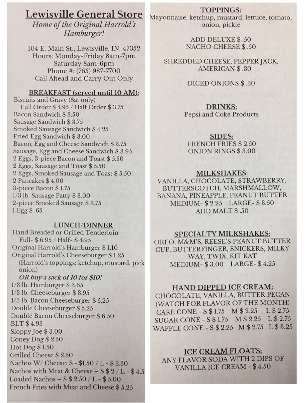 Lewisville General Store | restaurant | 104 E Main St, Lewisville, IN 47352, USA | 7659877700 OR +1 765-987-7700